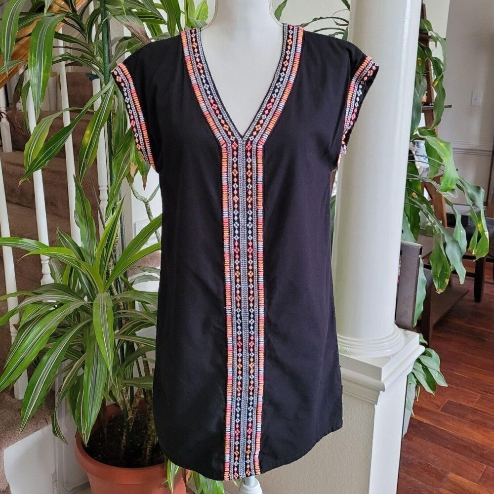 Artisan Ny Black Shift Dress Neon Embroidery Sz Med Simple Casual Comfortable - Picture 2 of 10